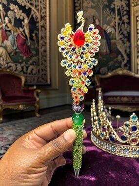 Handcrafted Gold Jeweled Rhinestone Peacock Crystal Pen - Multicolor Gem Accent